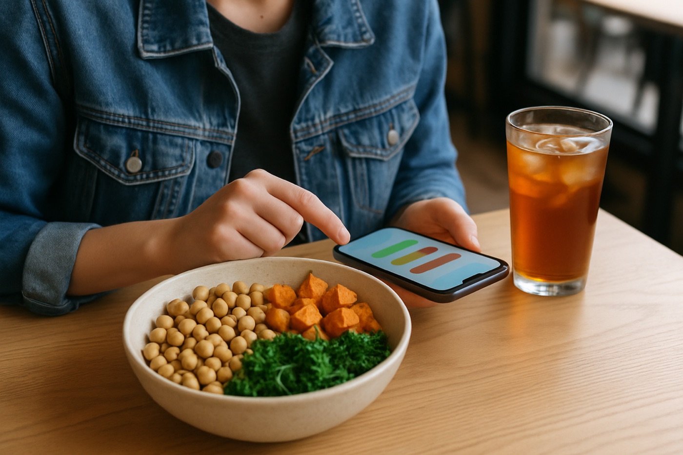 A person logging a grain bowl with chickpeas and sweet potato on a phone at a café table