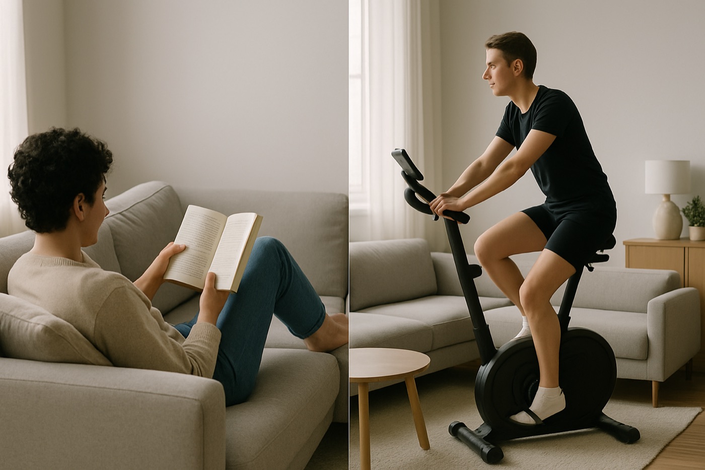 The same living room shown twice, once with a person reading on a sofa and once with a person on a stationary bike