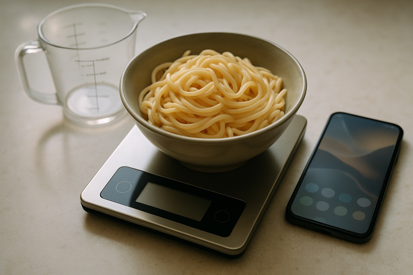 A bowl of cooked pasta on a digital kitchen scale next to a measuring cup and a phone